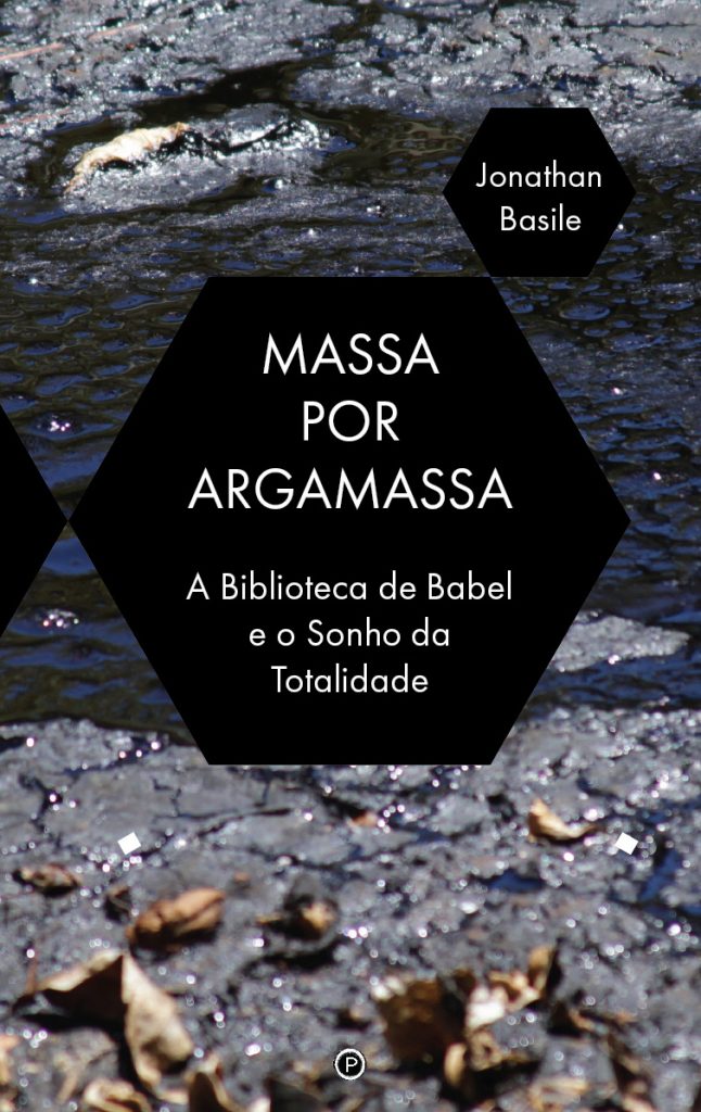 The cover of the book Massa Por Argamassa, Portuguese translation of Tar for Mortar. It consists of the title in a black hexagon, over a picture of a material like broken asphalt.